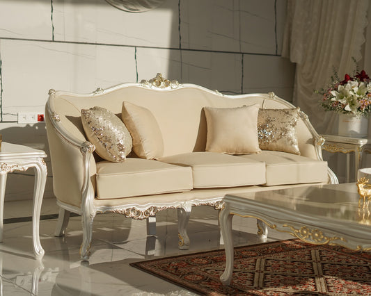 Luxury Classic French Style Sofa Set – Cream Upholstery with Hand-Carved Gold Detailing