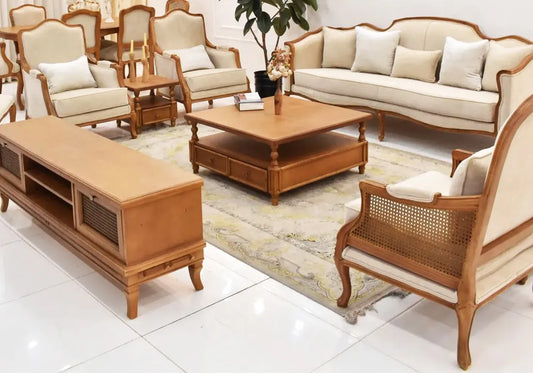 Classic Wooden Sofa Set – Elegant Traditional Living Room Design