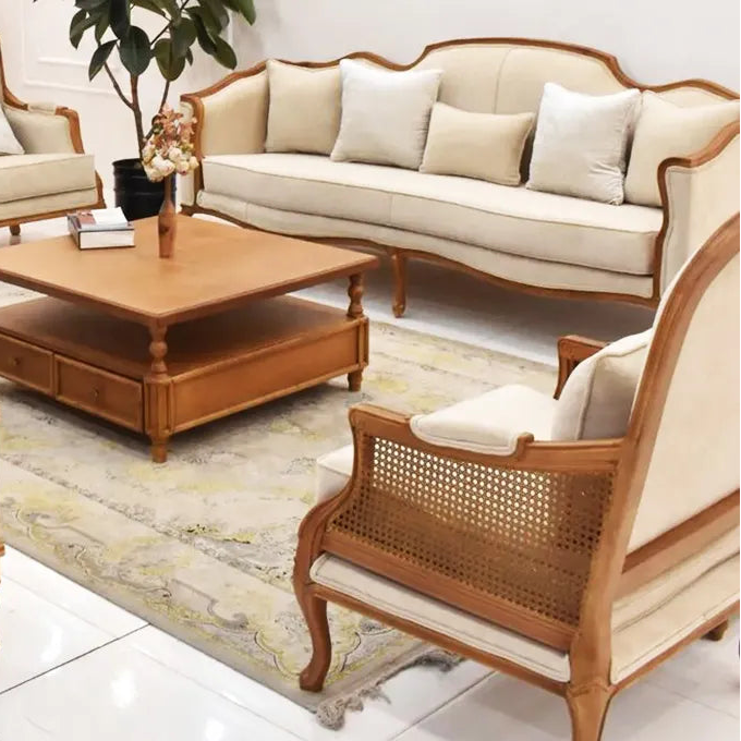Classic Wooden Sofa Set – Elegant Traditional Living Room Design