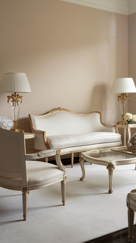 A grand Venetian-style sofa with an ornate carved frame and light gray upholstery, accompanied by matching throw pillows,