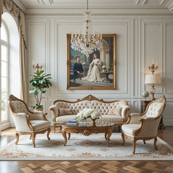 Luxurious French-style sofa and armchairs with ornate carvings, complemented by a carved coffee table.