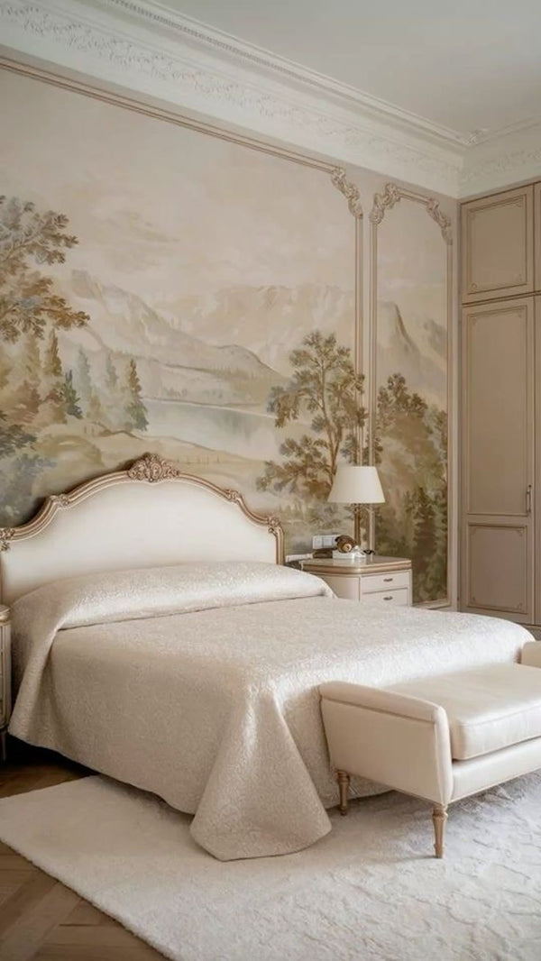 French-style bed with a large, ornate carved headboard upholstered in light fabric, paired with textured white bedding and a matching upholstered bench at the foot.