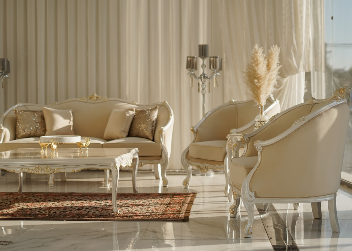 Luxury Classic French Style Sofa Set – Cream Upholstery with Hand-Carved Gold Detailing