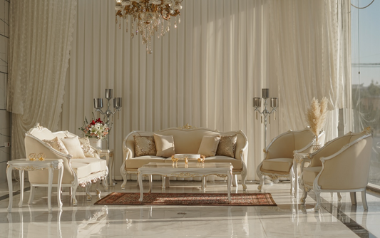 Luxury Classic French Style Sofa Set – Cream Upholstery with Hand-Carved Gold Detailing